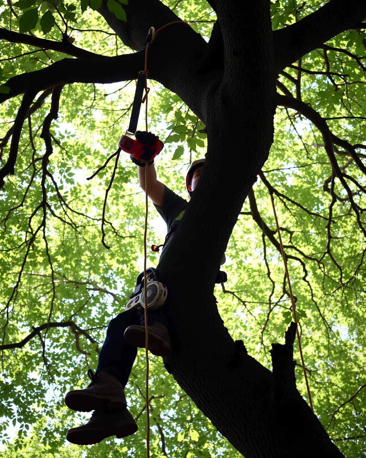 A&M certified arborist climbing a tree