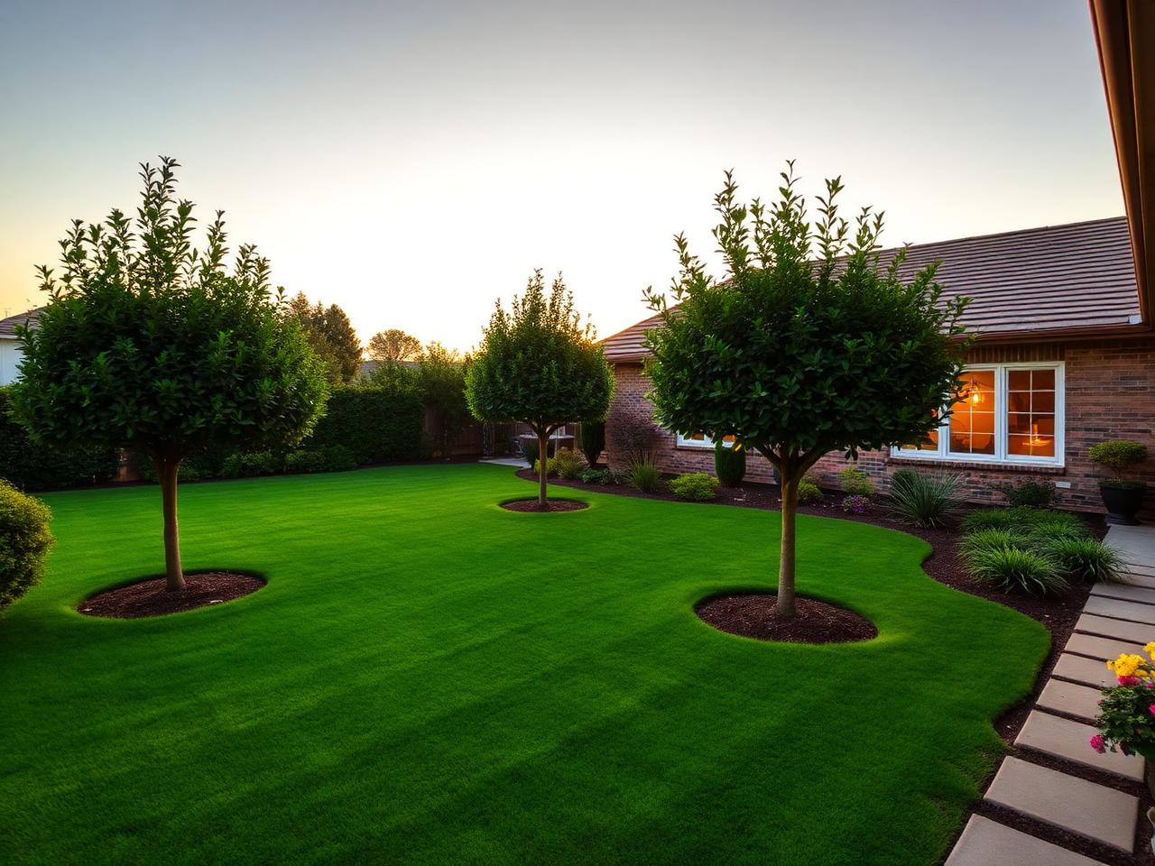 Beautiful manicured backyard with healthy trees